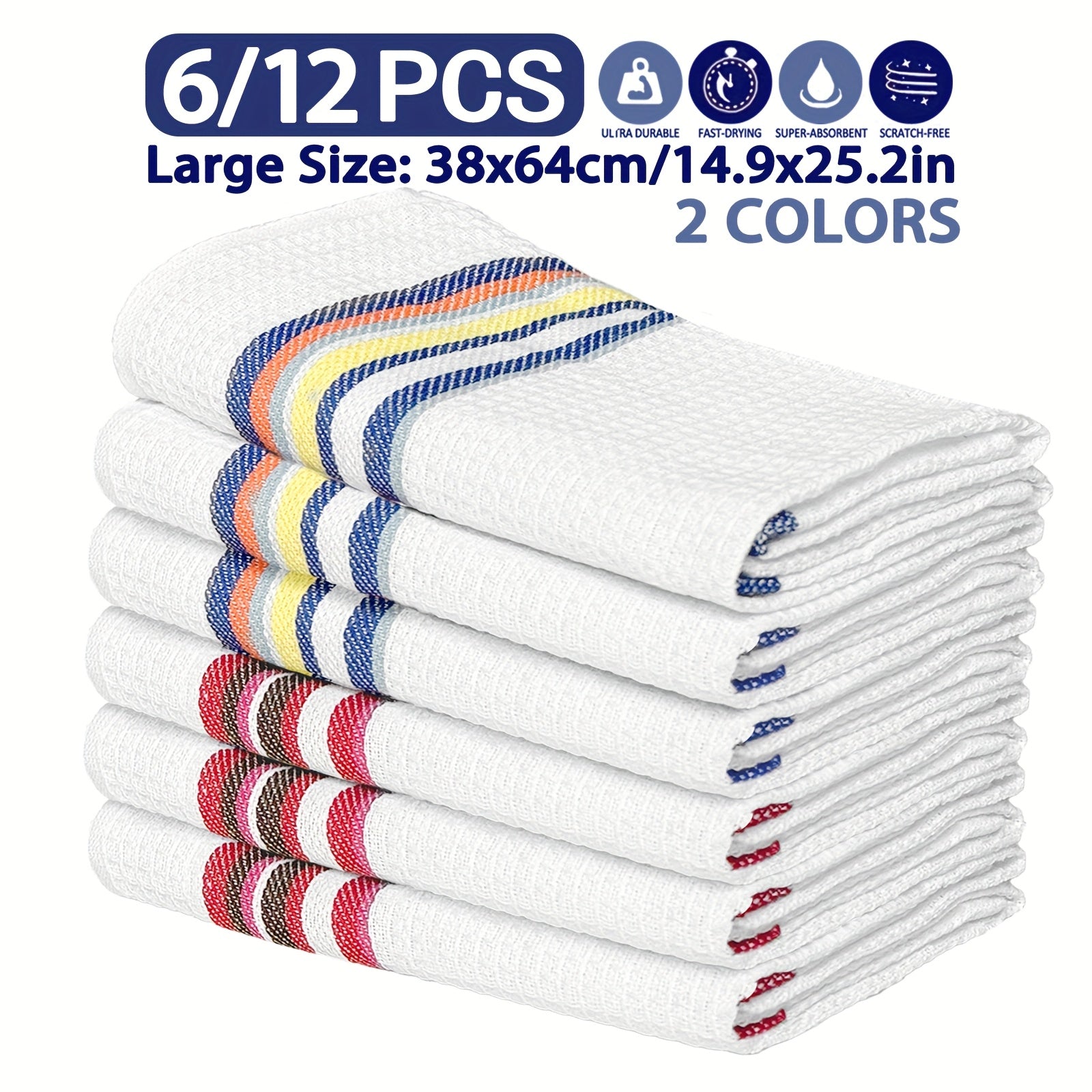 Soft High Absorbency 6\u002F12pcs Soft High Absorbency Waffle Tea Towel Set | Large Size Multi-Color Striped Pattern | Kitchen Dish Cloth Christmas Decoration