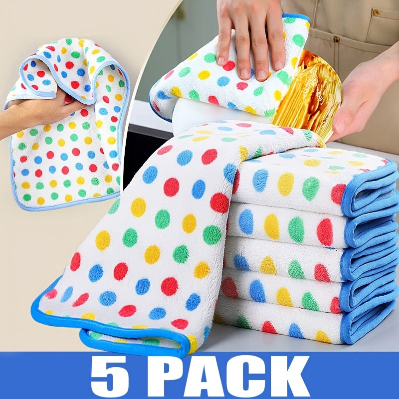 5-Pack Polka Dot Coral Fleece Kitchen Table Wipes Thick Absorbent Dishcloth Cleaning Cloth