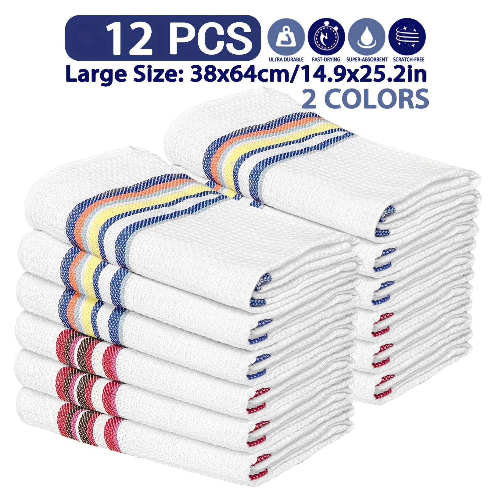 Soft High Absorbency 6\u002F12pcs Soft High Absorbency Waffle Tea Towel Set | Large Size Multi-Color Striped Pattern | Kitchen Dish Cloth Christmas Decoration