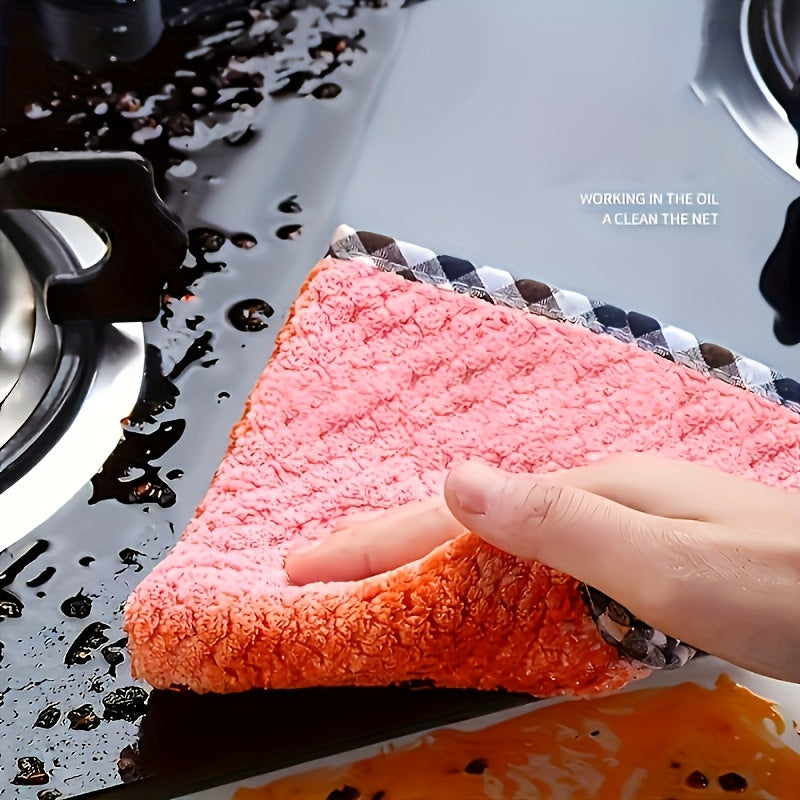 Kitchen Towel, Mixed Color Oil-Absorbent Dishcloth, Household Cleaning Cloth, Coral Fleece Scrub Pad for Table or Dishwashing