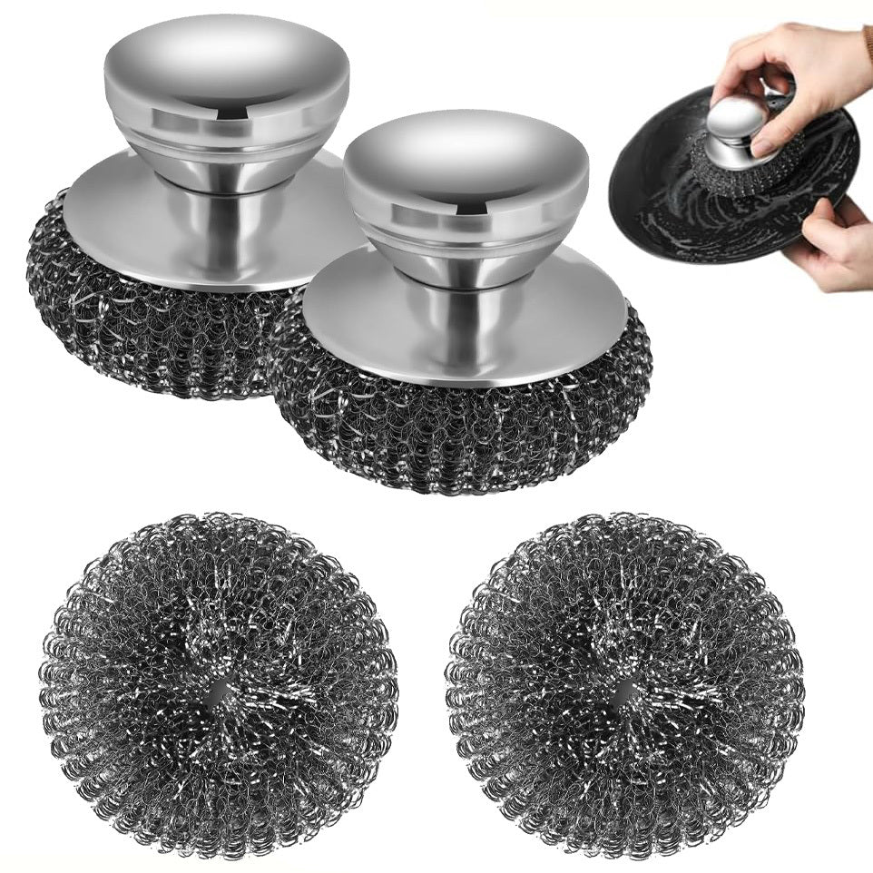 4-Pack Steel Wool Scrubber Set with Stainless Steel Handle, Kitchen and Bathroom Cleaning Brush Set for Dishes, Cast Iron, Stock Pots, Pans, Griddles, and Grills