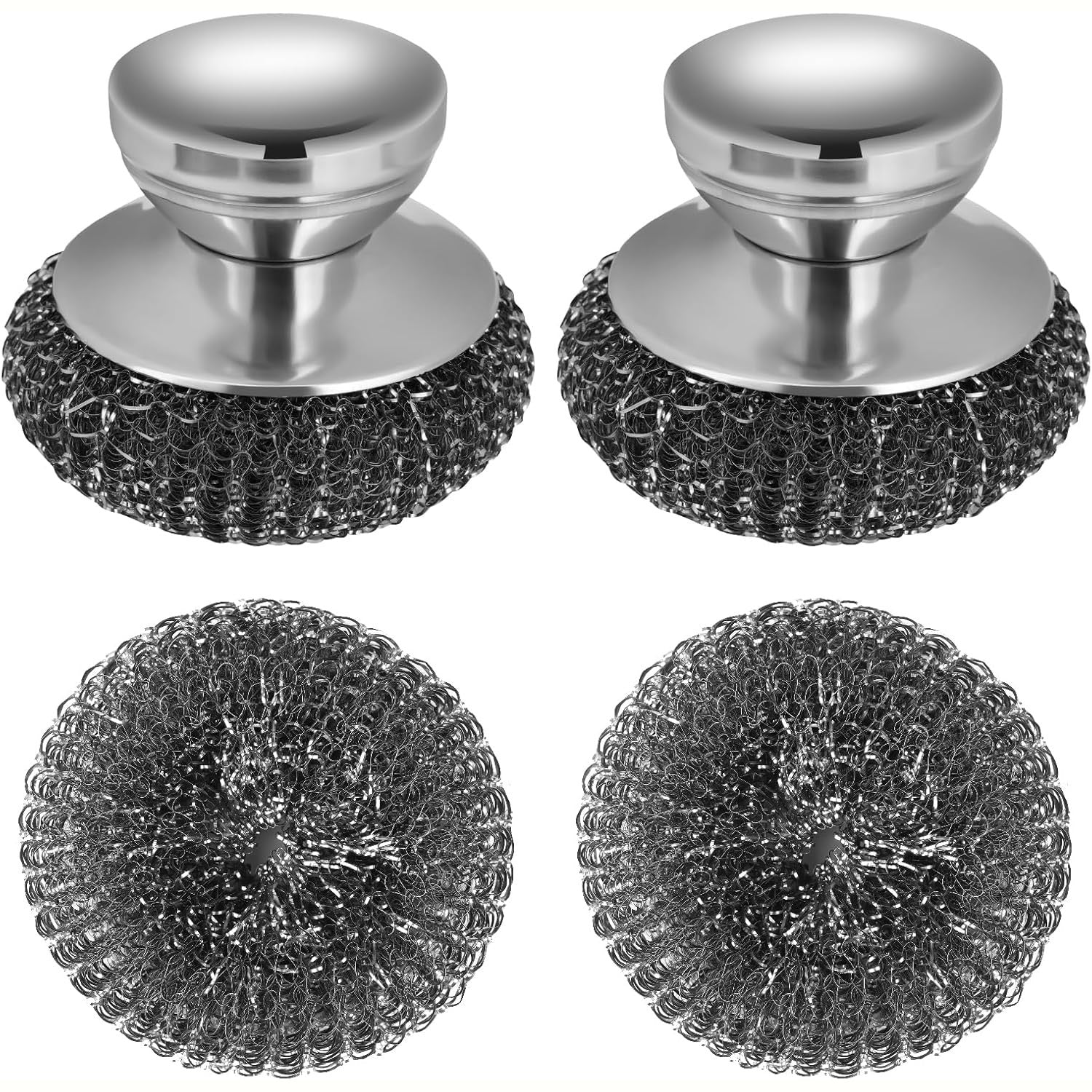 4-Pack Steel Wool Scrubber Set with Stainless Steel Handle, Kitchen and Bathroom Cleaning Brush Set for Dishes, Cast Iron, Stock Pots, Pans, Griddles, and Grills