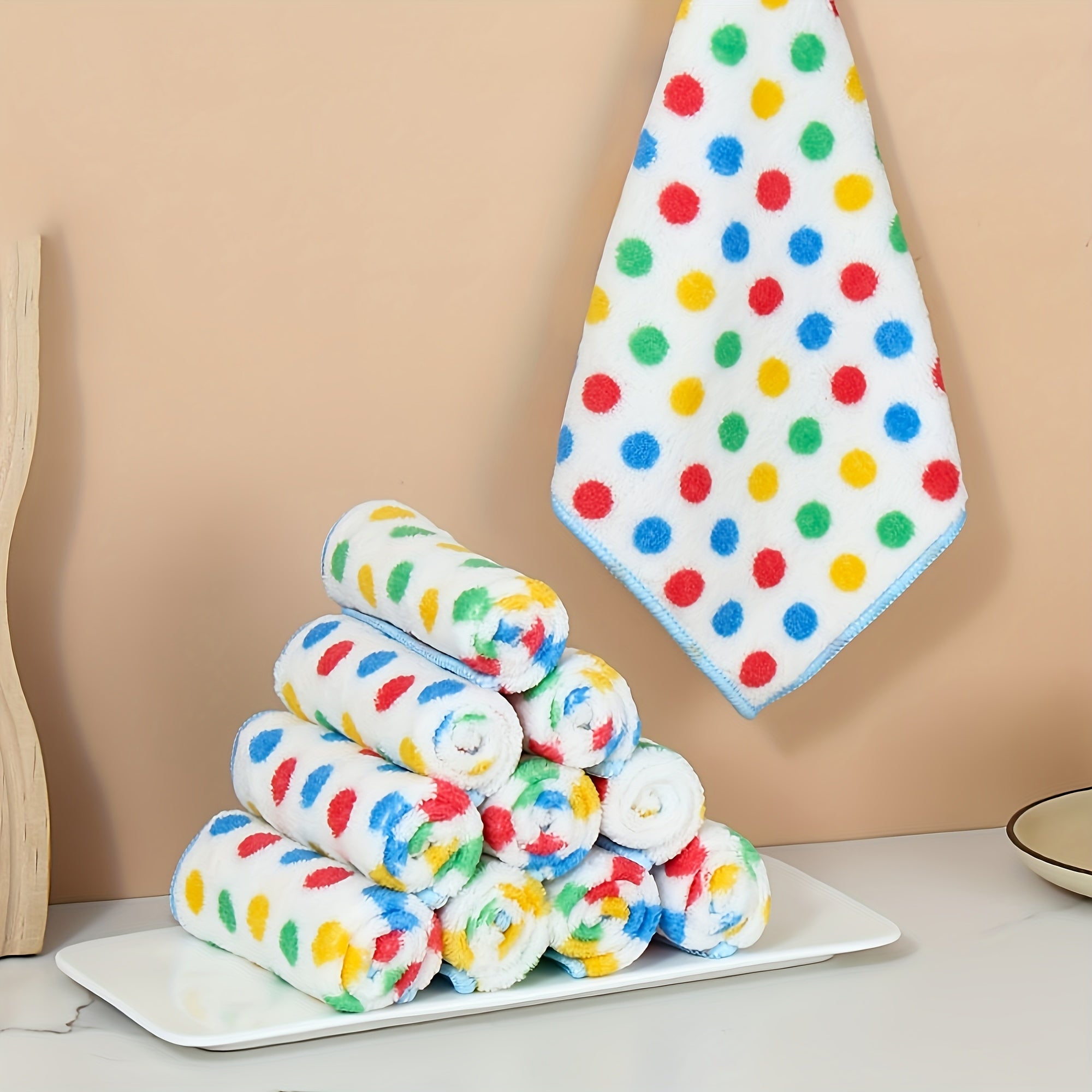 5-Pack Polka Dot Coral Fleece Kitchen Table Wipes Thick Absorbent Dishcloth Cleaning Cloth