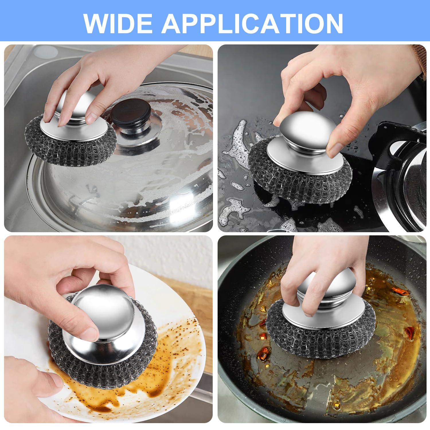 4-Pack Steel Wool Scrubber Set with Stainless Steel Handle, Kitchen and Bathroom Cleaning Brush Set for Dishes, Cast Iron, Stock Pots, Pans, Griddles, and Grills